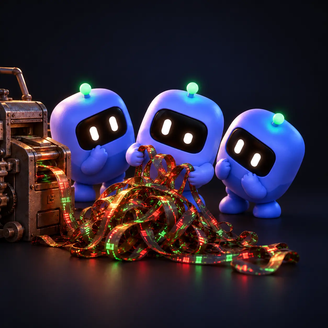 Three curious HyperEZ robots examine a tangled data ribbon beside a metal machine against a clean dark background.