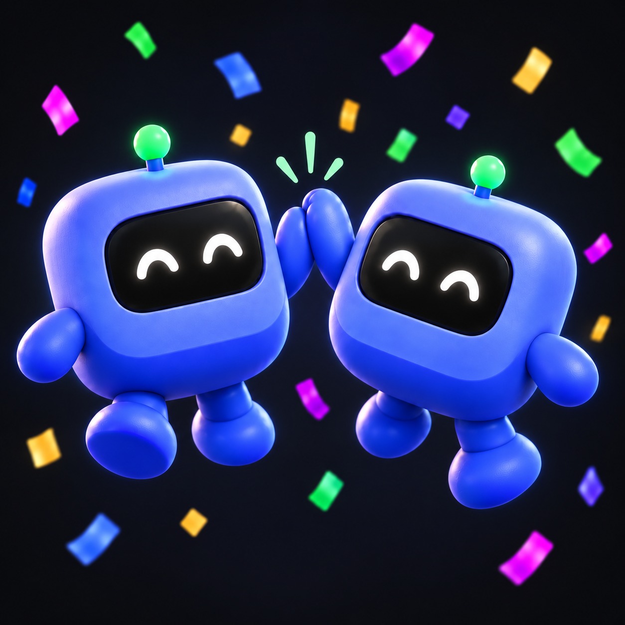 Two smiling HyperEZ robots high-five amid colorful confetti.